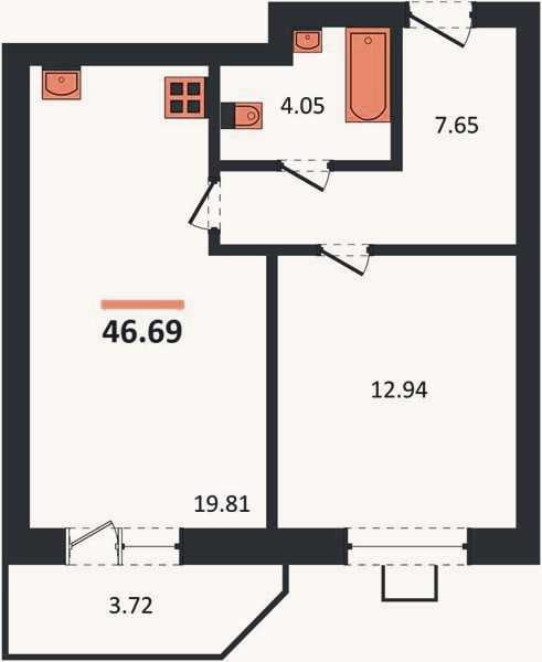 Планировка: 1-к, 46,7 м²
