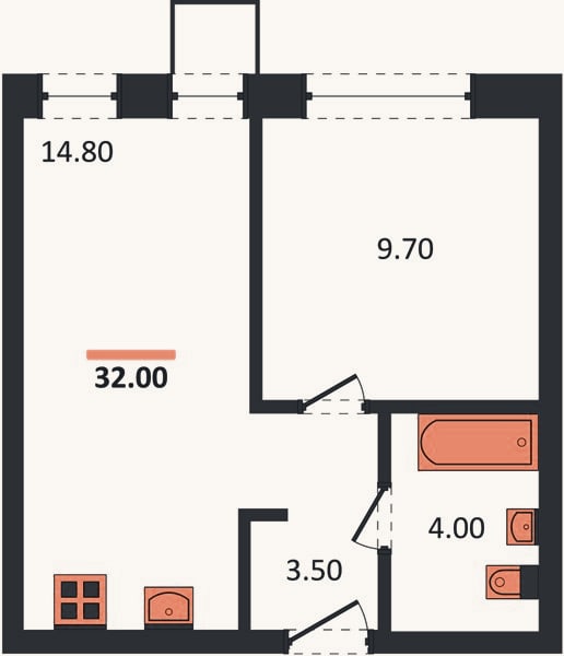 Планировка: 1-к, 32 м²