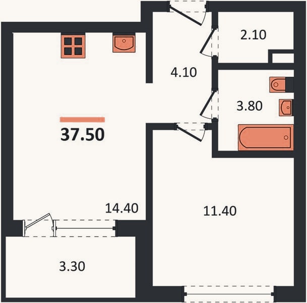 Планировка: 1-к, 37,5 м²