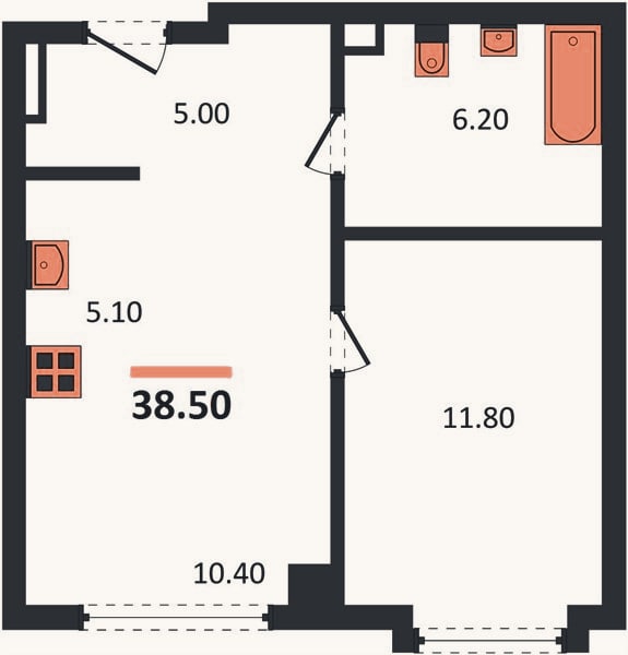Планировка: 1-к, 38,5 м²
