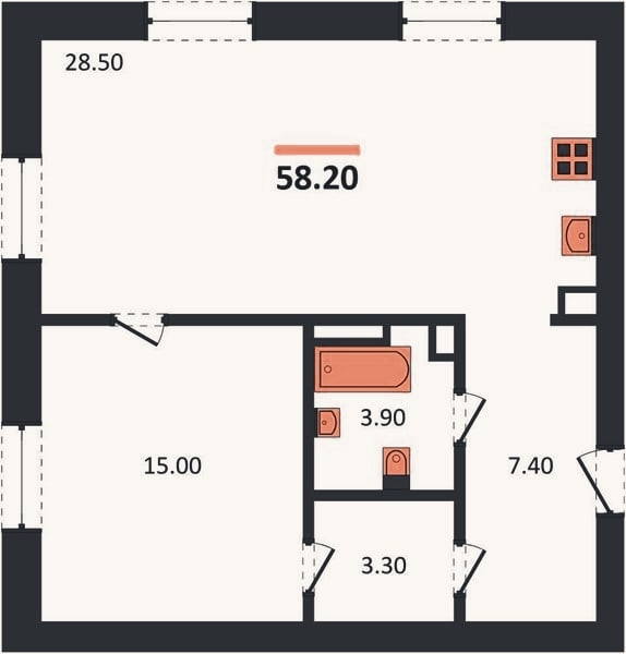 Планировка: 1-к, 58,2 м²