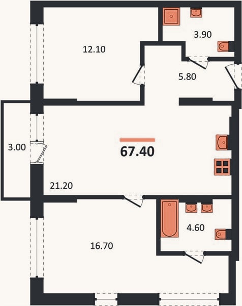 Планировка: 2-к, 67,4 м²