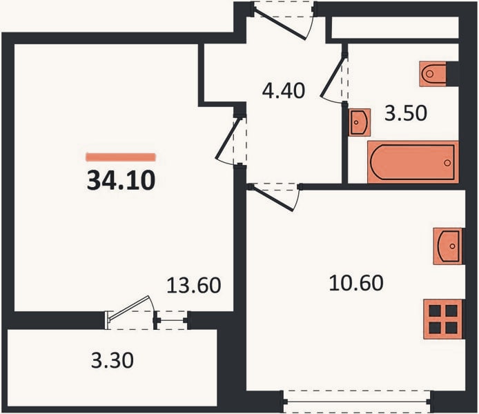 Планировка: 1-к, 34,1 м²