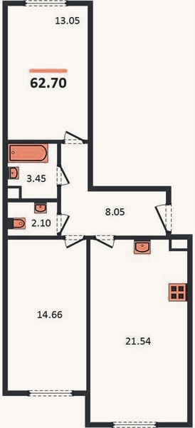Планировка: 2-к, 62,7 м²