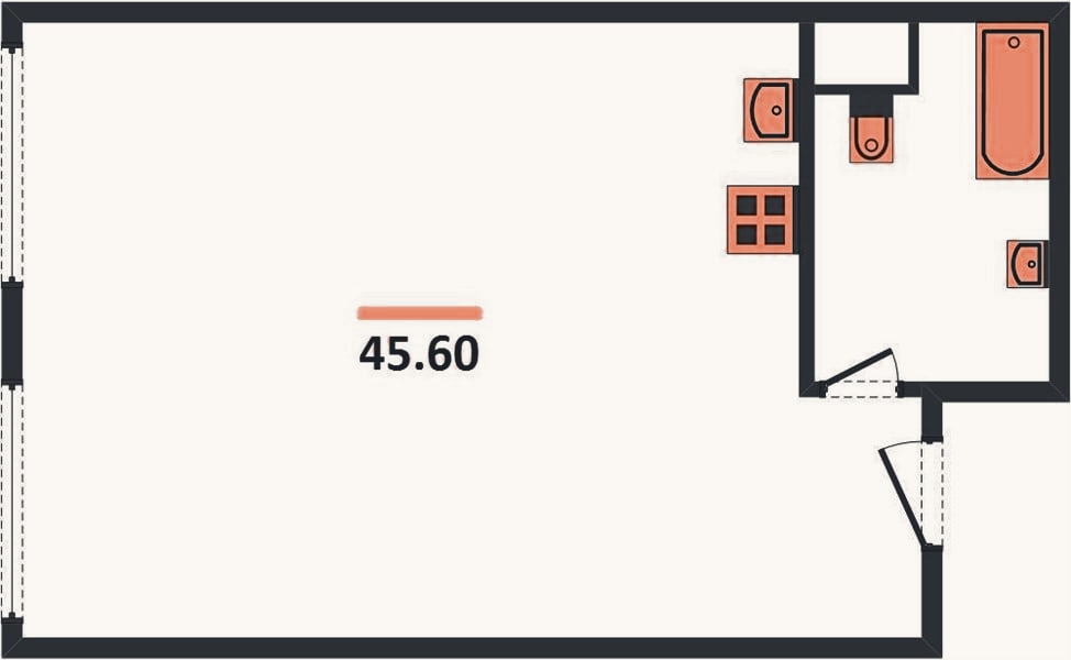 Планировка: 1-к, 45,6 м²