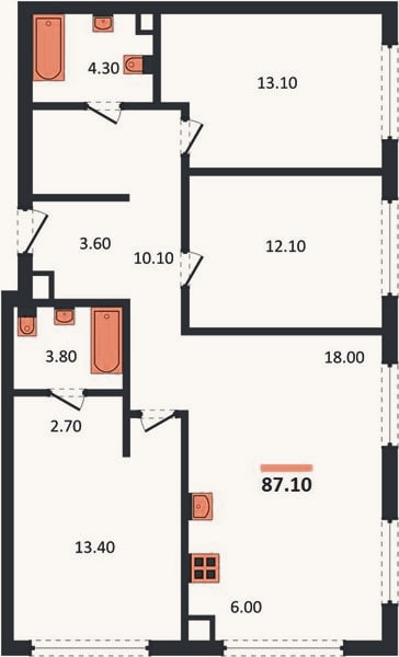Планировка: 3-к, 87,1 м²