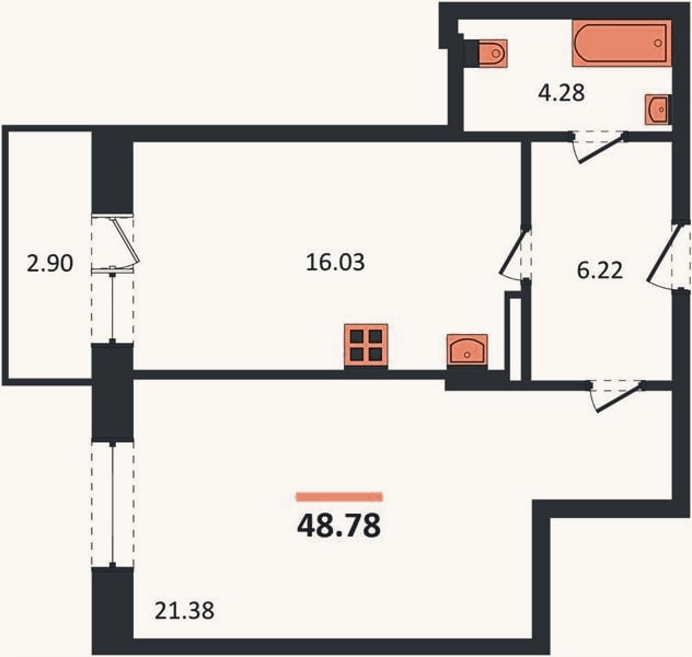 Планировка: 1-к, 47,9 м²