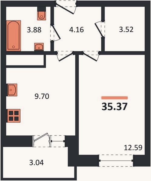 Планировка: 1-к, 35,4 м²