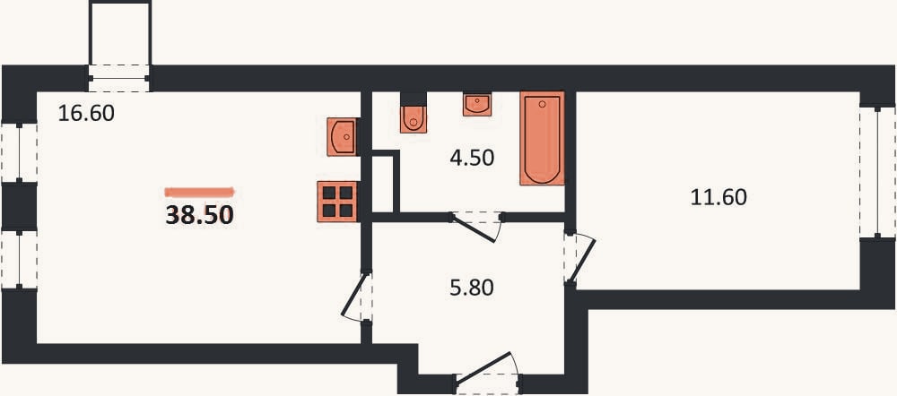 Планировка: 1-к, 38,5 м²