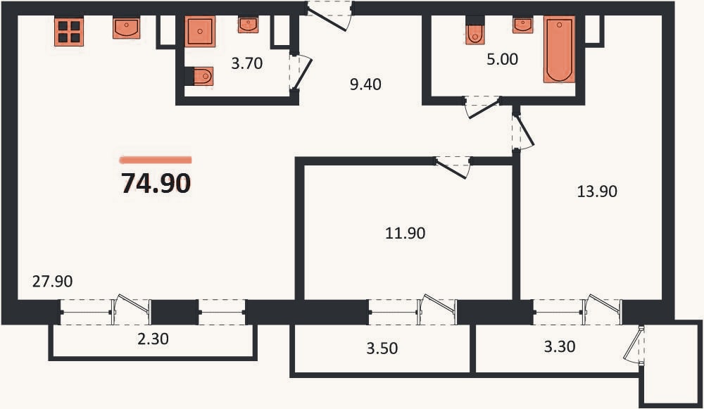 Планировка: 2-к, 72,2 м²
