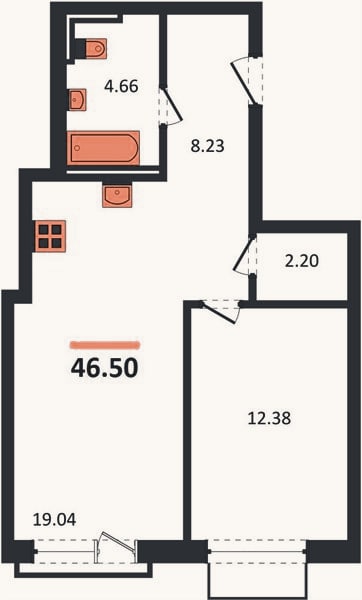 Планировка: 1-к, 46,5 м²