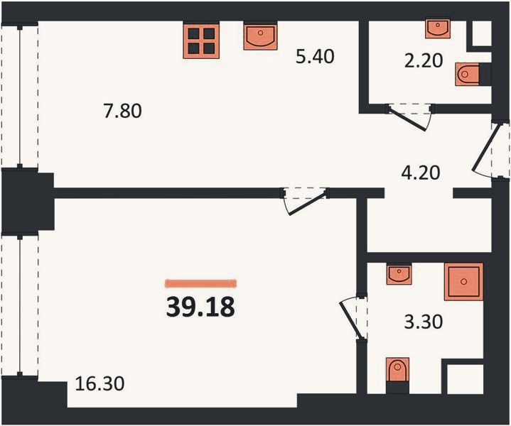 Планировка: 1-к, 39,2 м²