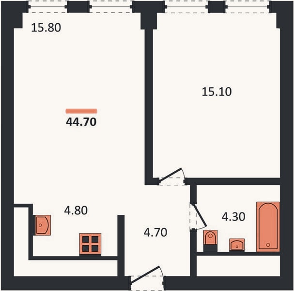 Планировка: 1-к, 44,7 м²