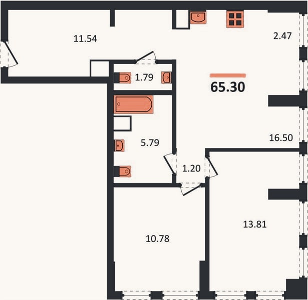 Планировка: 2-к, 65,3 м²