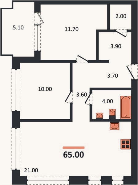 Планировка: 2-к, 65 м²