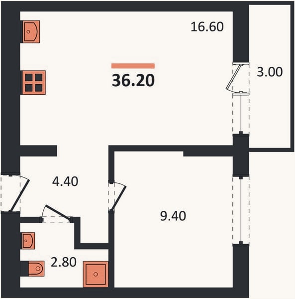 Планировка: 1-к, 36,2 м²