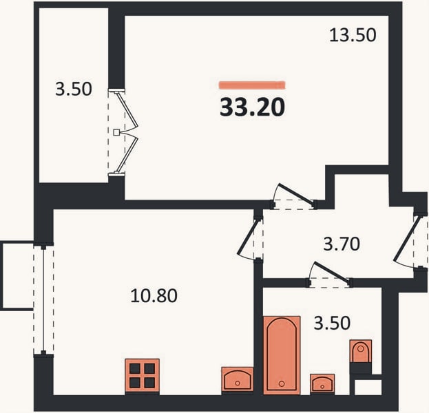 Планировка: 1-к, 33,2 м²