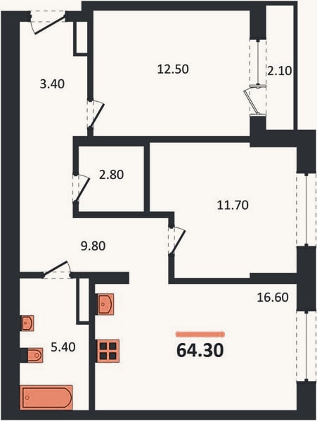 Планировка: 2-к, 64,3 м²