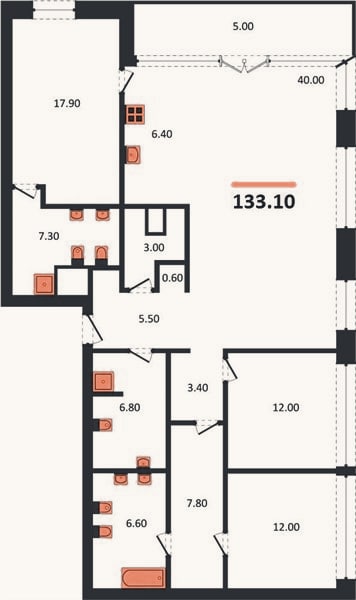 Планировка: 3-к, 133,1 м²