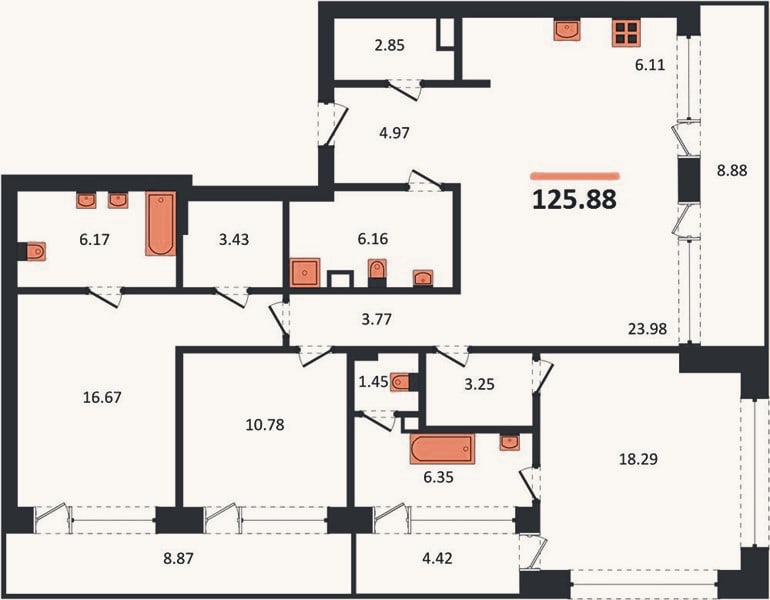 Планировка: 3-к, 125,7 м²