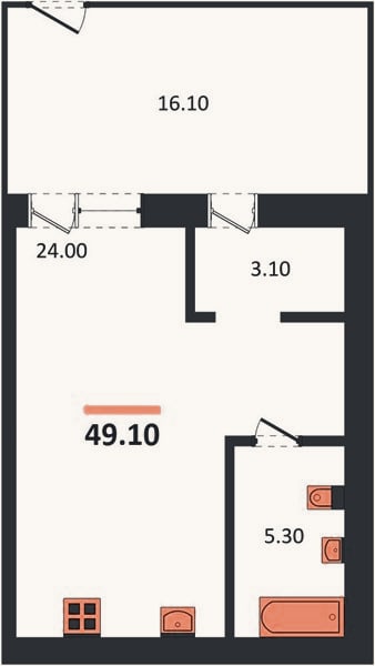 Планировка: Студия, 49,1 м²