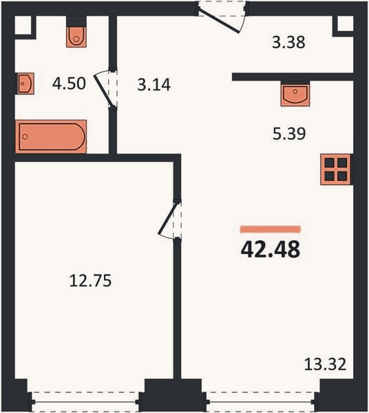 Планировка: 1-к, 42,5 м²
