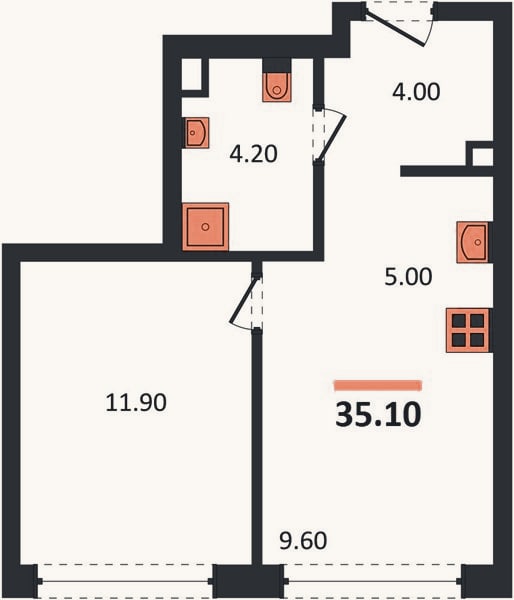 Планировка: 1-к, 35,1 м²