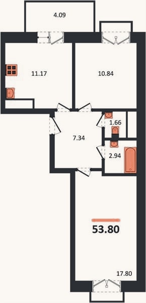 Планировка: 2-к, 53,8 м²