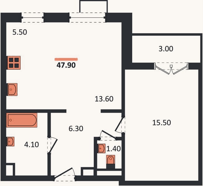 Планировка: 1-к, 47,9 м²
