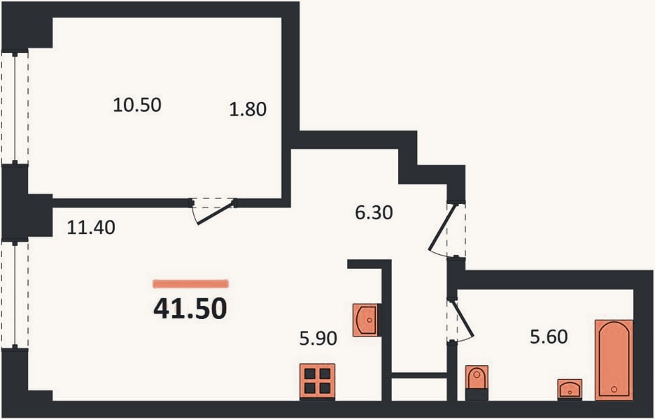 Планировка: 1-к, 41,5 м²