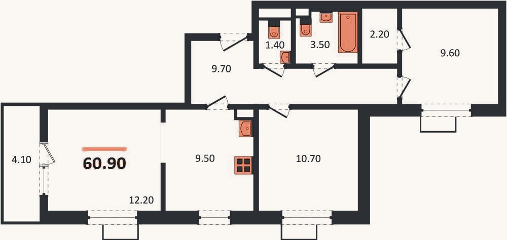 Планировка: 3-к, 60,9 м²