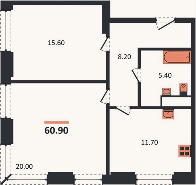 Планировка: 2-к, 60,9 м²