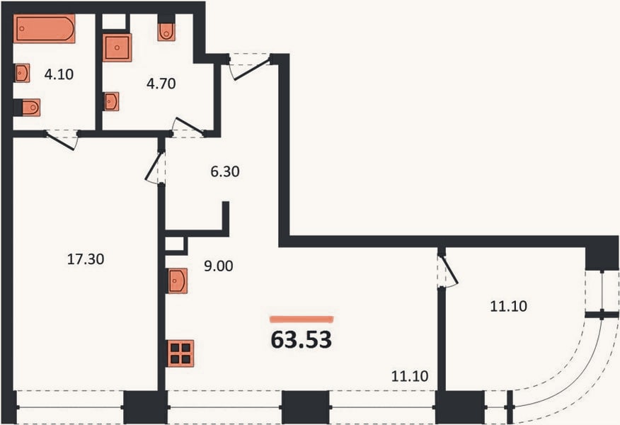 Планировка: 2-к, 63,5 м²