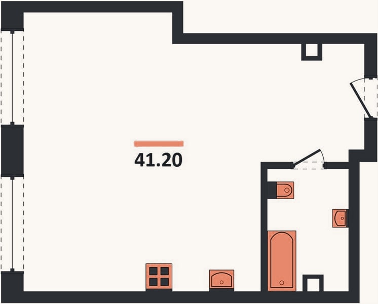 Планировка: 1-к, 41,2 м²