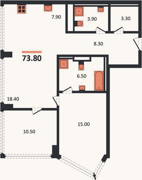 Планировка: 2-к, 73,8 м²