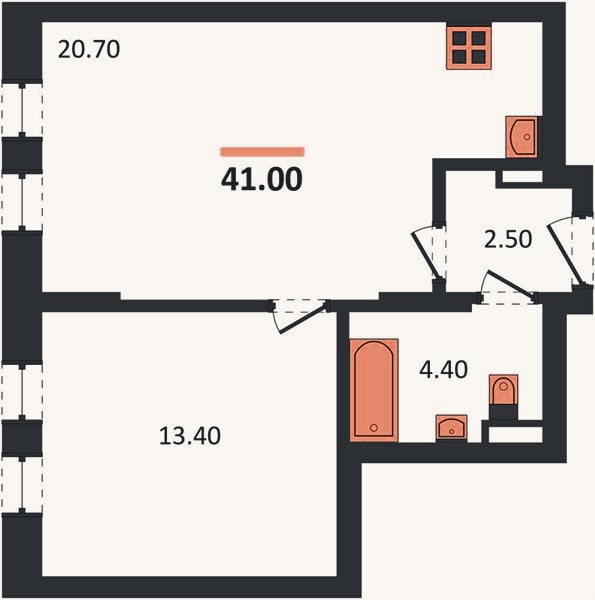 Планировка: 1-к, 41 м²