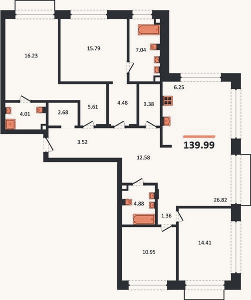 Планировка: 4+ к, 140 м²