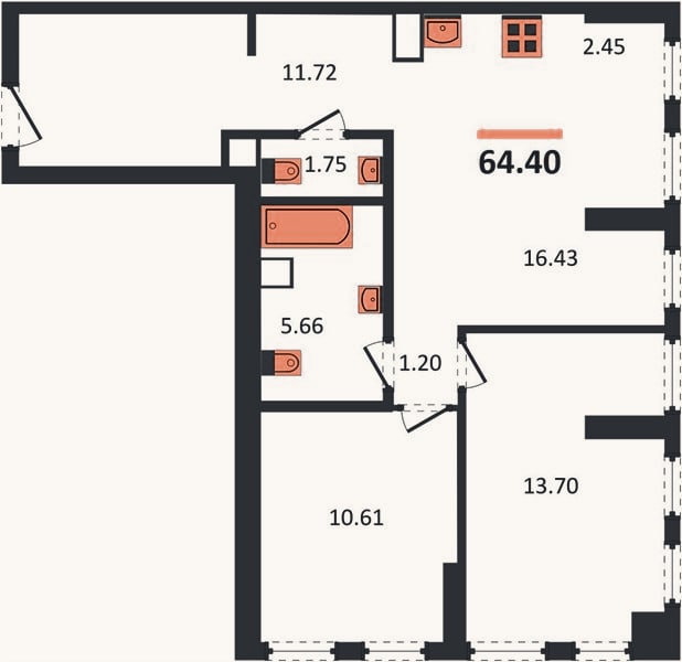 Планировка: 2-к, 64,3 м²