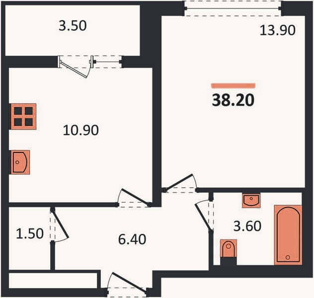 Планировка: 1-к, 38,2 м²