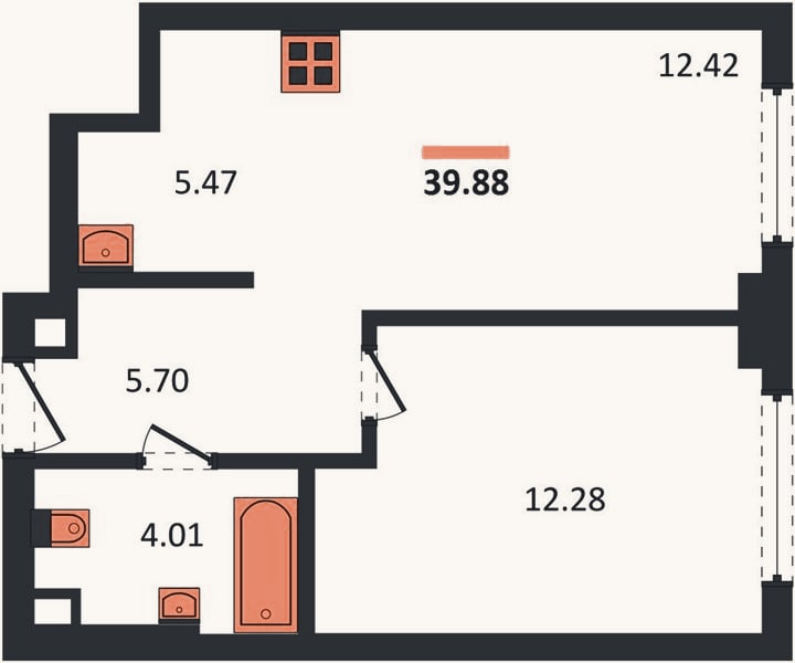 Планировка: 1-к, 39,9 м²