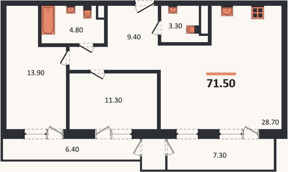 Планировка: 2-к, 71,5 м²
