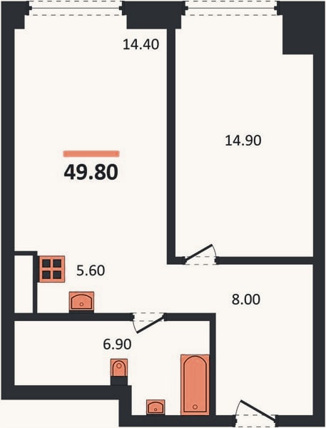 Планировка: 1-к, 49,8 м²