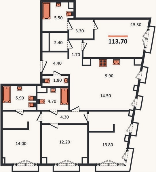 Планировка: 4+ к, 113,7 м²