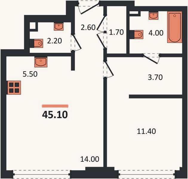 Планировка: 1-к, 45,1 м²