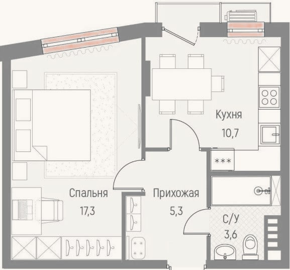 Планировка: 1-к, 36,9 м²