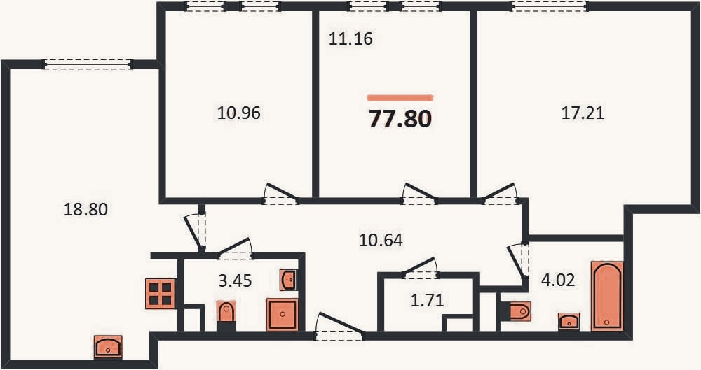 Планировка: 3-к, 77,8 м²