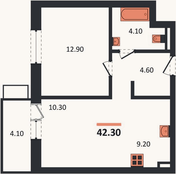 Планировка: 1-к, 42,3 м²
