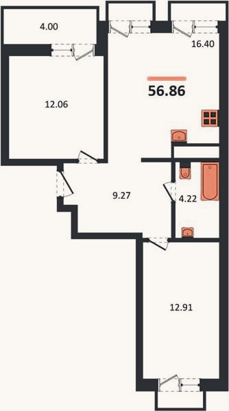 Планировка: 2-к, 56,9 м²