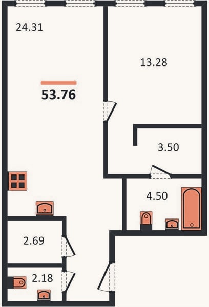 Планировка: 1-к, 53,8 м²