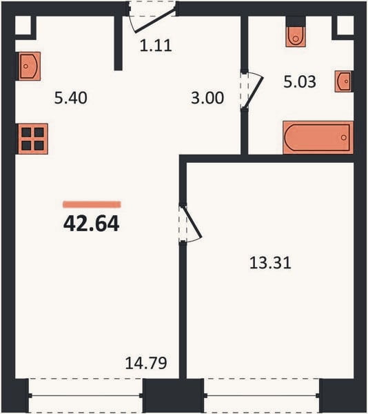 Планировка: 1-к, 42,4 м²